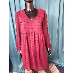 ABYOXI Burgundy Pom Pom Swiss Dot Babydoll Mini Dress Long Sleeve Medium